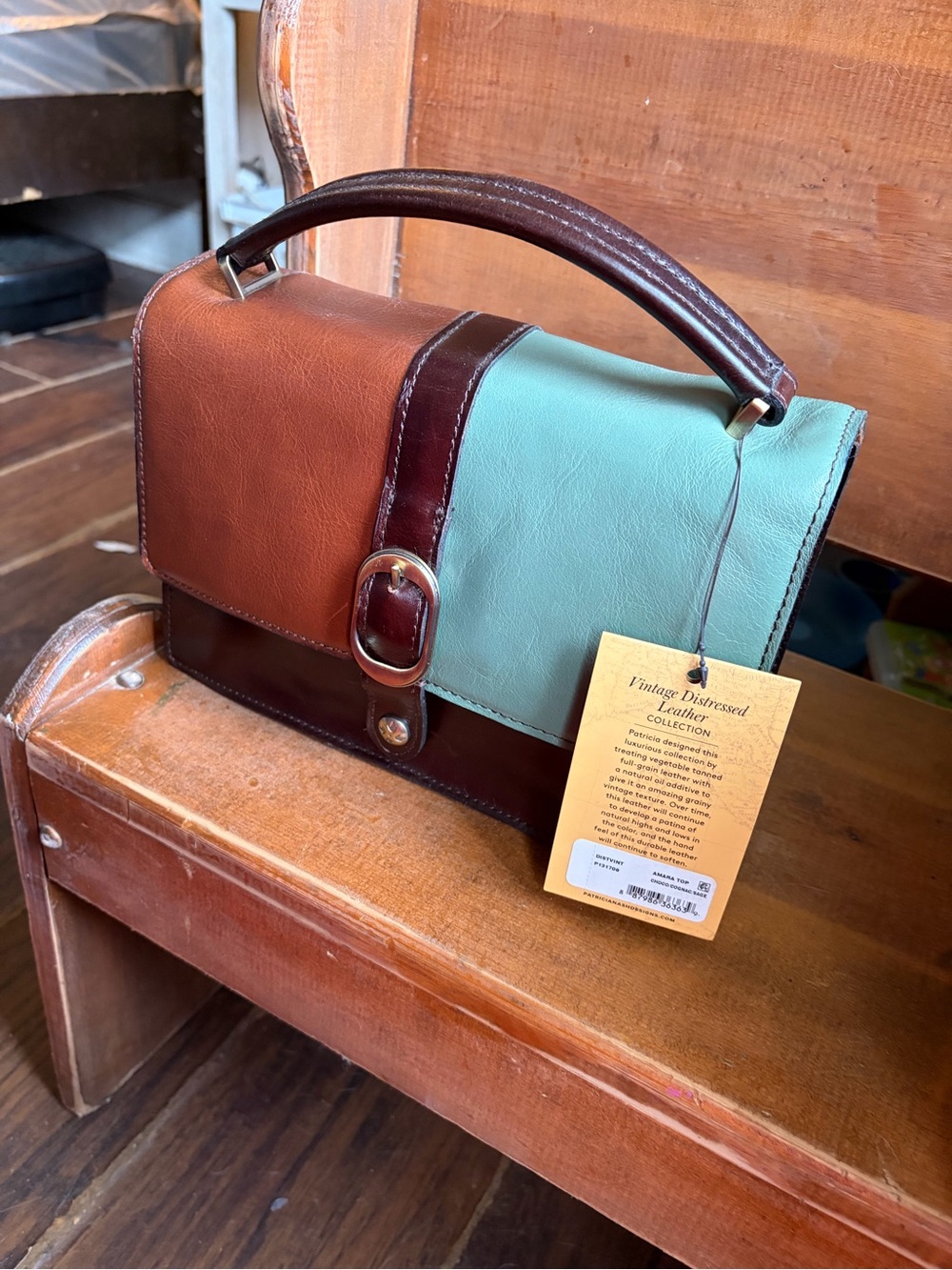 Patricia Nash Brown & Mint Leather Colorblock Top-Handle Crossbody - Picture 2 of 6